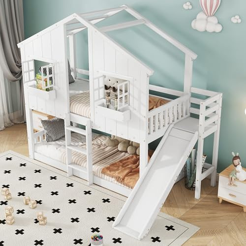 Azkoeesy 90 x 200 cm cama infantil litera con escalera, cama alta para niños con deslizamiento, cama con barandilla y ventana, madera de pino, color blanco