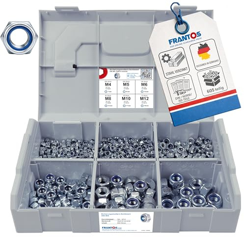 FRANTOS L-BOXX Mini DIN 985 Sicherungsmuttern Sortiment, M4 bis M12 605 tlg. (Stahl verzinkt) - selbstsicherende Sechskant Muttern Stoppmuttern Set