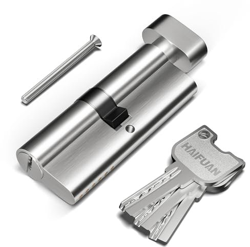 1 Pc of 80 mm (40T/40) Brass Core Mortise Door Lock Cylinder,Singe Side Entry with 3 Brass Keys, Thumbturn knob on The Other Side,Nickel Brushed Color(80-T-NB)