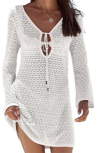 Felcia Womens Crochet Swimsuit Coverup Summer Sexy V Neck Hollow Out Long Sleeve Mesh Knit Beach Dress (A-White, L)