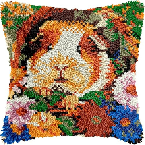 Kit de gancho de pestillo de hámster y flores, para alfombras, ganchillo, ganchillo, cojines, preimpreso, lienzo, bricolaje, hecho a mano, para decoración del hogar, 43 x 43 cm (S78)