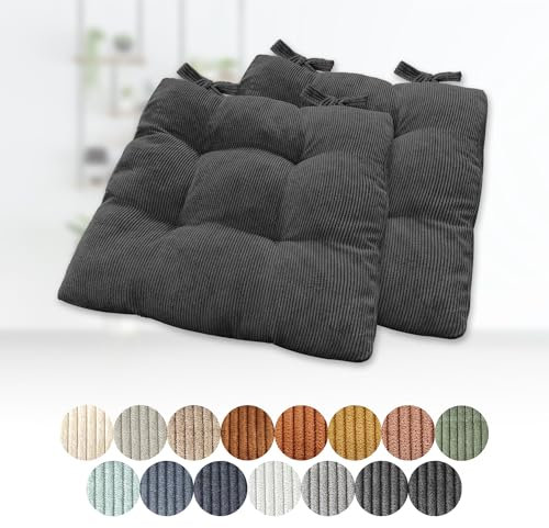 2-Pack Cushions 35x35x8cm, Comfortable Square Seat Pads with Ties, Upholstered Chair Cushion for Garden, Kitchen, Dining Room - Black Corduroy