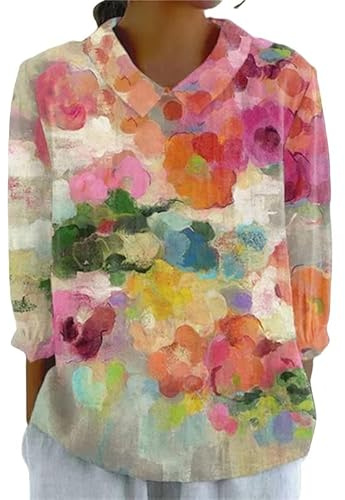 keephen per Donna Vintage Stile Etnico Fiori Colorati Stampa 3D Camicie con Colletto a Maniche Lunghe Crepe a Bolle Camicetta Leggera da Donna Boho Vacanze Top all'aperto