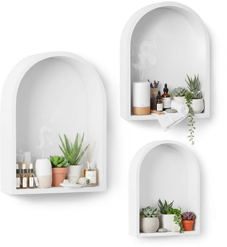 Threehoney 3 Set Wall Shelf 9.8 x 7.1 Inch Wooden Hanging Shelf Deep Display Storage Shelves Floating Shelves for Home Office Room Mini Figures Potted Plants Wall Decor(Arched,White)
