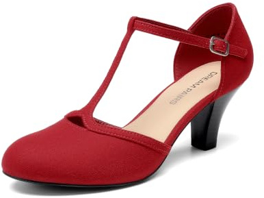 DREAM PAIRS Dampumps liten T-rem klack, eleganta och bekväma retroskor för kväll, bröllop och formella tillfällen