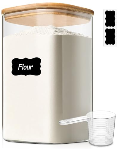 ComSaf förvaringsburkar i glas med bambulock, 4,4 L, 1 st | fyrkantig och kompakt, vitt ris, cashewmix, brunt socker, smidig förvaring, för skafferi och kök