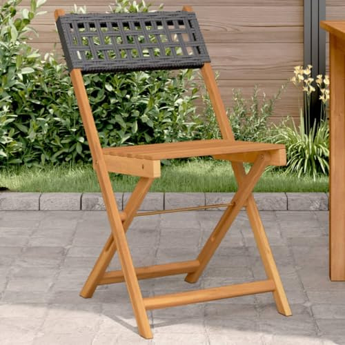 Tonture Bistrostühle 2er Set, Schwarz, Massives Akazienholz & Poly Rattan, 41x52,5x80 cm, Klappbar, für Garten, Terrasse, Balkon, Esszimmer