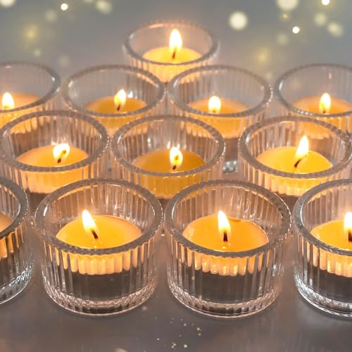 LHNNDM Transparent Tea Light Holders Glass 12 Pcs, 5×3.5cm Ribbed Tea Light Holders Glass Tealight Holders Vintage Home Decor (Transparent)