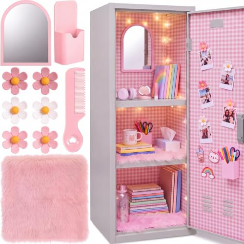 RattanView 10 Pcs Locker Decorations Kit Magnetic Acrylic Mirror Plush Rug Comb Flower Magnets Pen Holder for Back To School Students Office Gym Work Locker Accessories Organized (Pink)