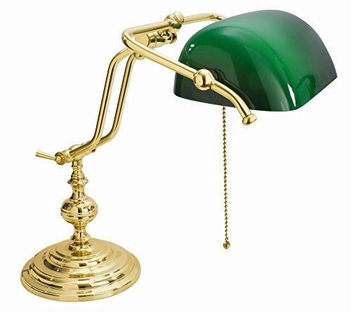 Licht-Erlebnisse Premium Bankerlampe mit Zugschalter vergoldet mit 24 Karat Jugendstil E27 bis 60W 230V aus Messing Gold Glas Schreibtisch Lampe Leuchte Beleuchtung