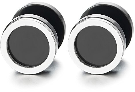 Men Women Silver Black Circle Stud Earrings, Steel Cheater Fake Ear Plugs Gauges Illusion Tunnel