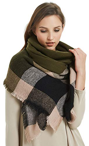 VIVIAN & VINCENT Damen karierte decke winter-schal warm wrap maxi-schal cape einheitsgröße olive Grün & schwarz c7