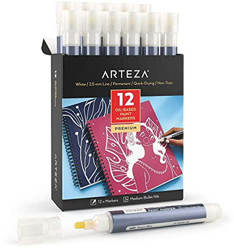 ARTEZA Oil Based Paint Markers, 12-Pack, White, 2.5 mm Line, Permanent Pens, Waterproof Craft and Art Supplies for Stone, Wood, Glass, Metal, Canvas