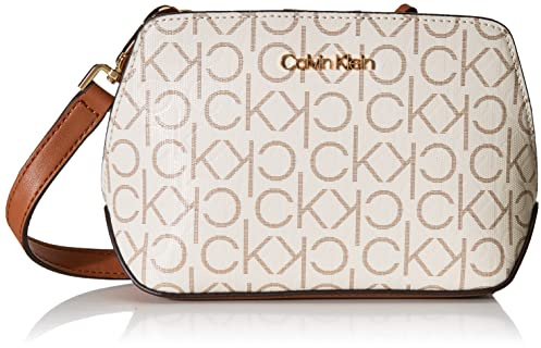 Calvin Klein Women's Lucy Triple Compartment Crossbody, Vanilla/Khaki/Caramel Embossed, One Size