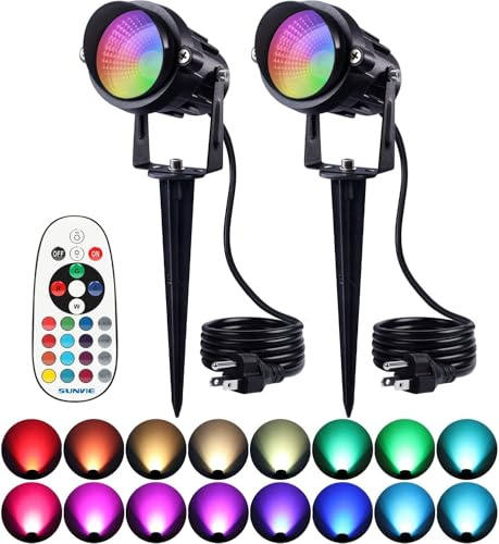 SUNVIE RGB Spot Lights Outdoor 12W LED Color Changing Landscape Lights with Remote Control 120V RGBW Landscape Lighting Waterproof Outdoor Spotlight for Yard Garden Patio Lawn Decorative, 2 Pack