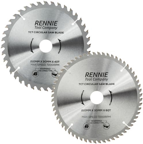 2 Pack - 210mm x 30mm x 40T & 60T TCT Circular Wood Saw Blades Includes 25mm 20mm & 16mm Bore Reduction Rings. Compatible with Festool Bosch Makita Dewalt Circular Saw Etc, Fits 216mm circular saws.