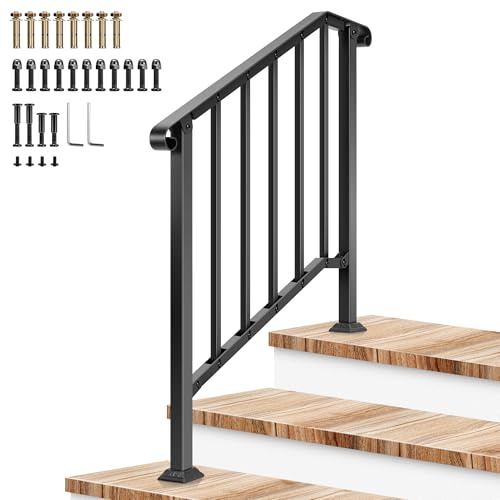 VIVOSUN Outdoor Handrail, 3 Step Stair Handrail, 40 x 36 Fits 1 to 3 Steps, Wrought Mattle Iron Stair Railing with Curved Ends and Balusters for Concrete Steps, Porch Steps, One-Step Assembly, Black