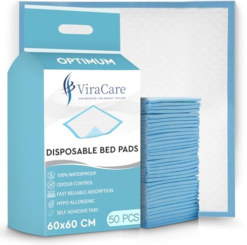100 x Disposable Incontinence Bed Pads, 60x60cm, Bed Protectors | Absorbent, Self-Adhesive Tabs, Incontinence Bed Sheets, Bed Mats, 2 Packs of 50