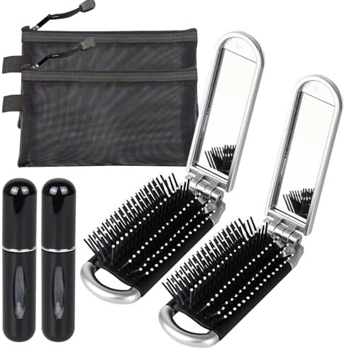 2 Stück Mini Reise Haarbürste mit Spiegel Set, Faltbare Haarbürste mit 2 Nachfüllflaschen für Parfümzerstäuber & 2 Netz-Make-up-Tasche, Reisehaarbürste, Klapp Haarkamm für Damen Herren