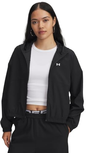 Under Armour Women's Rival Woven Hooded Jacket, (005) Black/Black/White, Small
