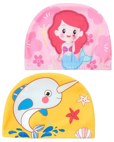 TPZORJX 2 Pcs Bonnets de Bain Mignons Enfants Bonnets de Natation de Compétition Dessin Animé Bonnet de Bain en Polyester Élastique Bonnet de Bain pour Garçons Filles de 1 à 8 Ans (Rose + Jaune)