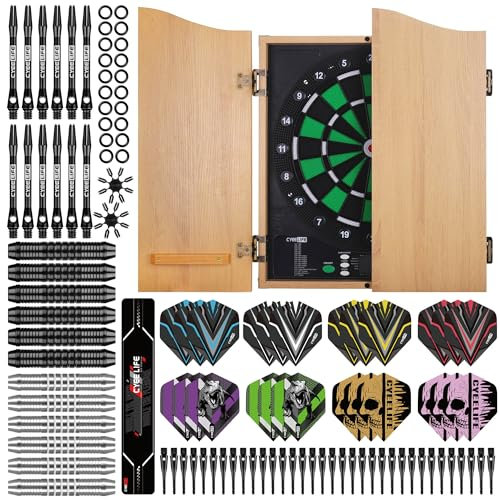 CyeeLife Elektronische Dartscheibe mit Holzschrank,Dartautomat elektronisch,Dartscheibe mit 34 Spielen und 355 Varianten, 8-Spieler-Modus, LED-Display,Deutsche Stimme (Couleur du Bois Brut, Standard)