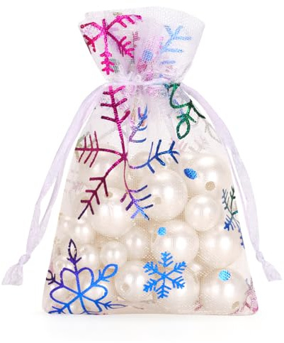 G2PLUS Sacchetti di Organza Natale Bianco: Sacchetti Regalo Piccoli in Organza con Fiocchi di Neve, Bustine 7x9cm per Natale Regalo,Matrimonio,Caramelle,Gioielli,50 Pezzi