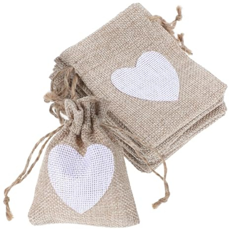 SGERUFZ 10 PCS Bolsitas de Tela Pequeñas con Cordón, Bolsas de Regalo con Corazón, Saquitos de Tela para Cumpleaños, Bodas, Fiesta Infantil (10x8cm) (Color Lino)