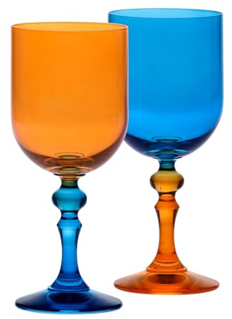 Krosno – Coloured Wine Glasses for Red & White Wine, Mocktails, Water – 2 x 300 ml – Bubble Collection – Orange & Blue – Lead-Free Crystal – Hand-Painted