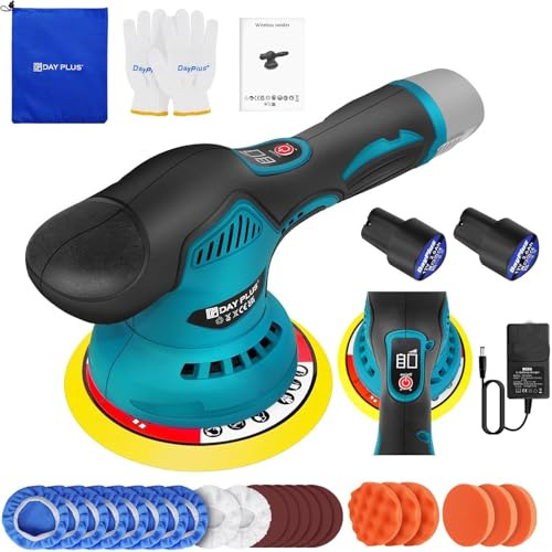 Pulidora rotativa inalámbrica para coche de 6 pulgadas (amoladora/pulidora) – 2 baterías de iones de litio (2 unidades de 12 V 2,0 Ah), 2800 – 5500 rpm, velocidad variable de 8 niveles, placa de suelo