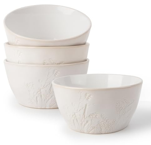 DOWAN 32 OZ Soup Bowls, Ceramic Cereal Bowl Set of 4, Large Bowls for Pho/Ramen/Pasta/Salad Bowls, Embossed Floral, Stackable Bowl Set, Microwave & Dishwasher Safe, for Mothers' Day and Housewarming