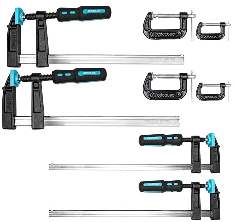 Cecotec Sargentos de Barra 8 Piezas StrongComfort 4400 Force. Presión hasta 300kg, Normativa DIN 5117, Barras de Acero Endurecido, Mango Bimaterial Antideslizante, 4 Abrazaderas de Presión Incluidas