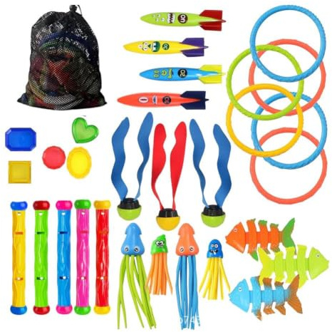 30pc Pool Diving Toys for Kids,Funny Swim Dive Toys Pool Games Toy,Fun Swimming Toy Set with Diving Rings Underwater Snake & Gems,for Underwater Games Dive Gifts Birthday Pools Party