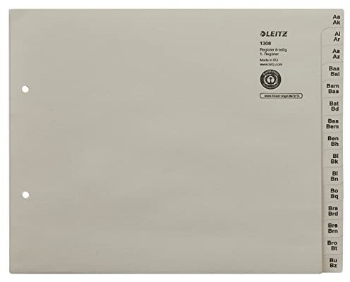 Leitz Register, Trennblätter mit Taben und alphabetischem Aufdruck A-Z für 8 Ordner, Halbe Höhe und Überbreite, Grau, 100% recyceltes Papier, Blauer Engel Siegel, 13080085