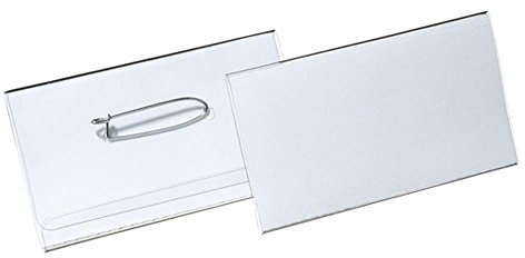 Durable Namnskyltar med Kombiklämma, 40 x 75 mm, 50 stycken, transparent | Säker fastsättning med klämma och nål, för tunna blusar utan att lämna hål, tålig plast för kontor och event