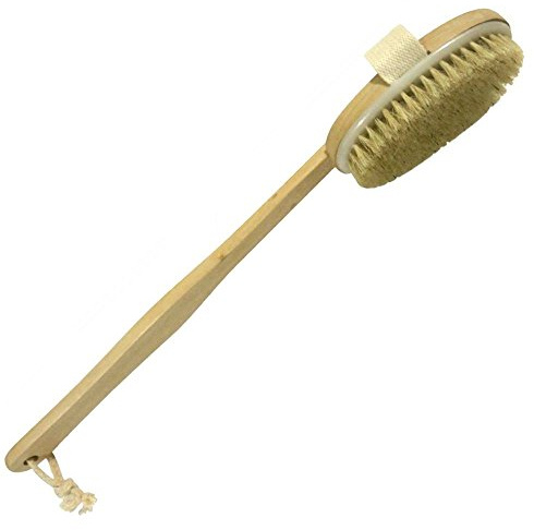 Dry Skin Body Brush 16- Natural Bristle - For Dry Brushing - Detachable Handle -Removes Dead Skin & Toxins, Helps Cellulite, Lymphatic Functions, Blood Circulation & Exfoliation-Pouch & Hook Included