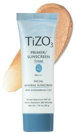 TiZO3 Facial Mineral Sunscreen and Primer, Tinted Broad Spectrum SPF 40 with Antioxidants, Sheer matte finish, Fragrance-Free, Oil-Free, Dermatologist-recommended, PA+++ 1.75 oz