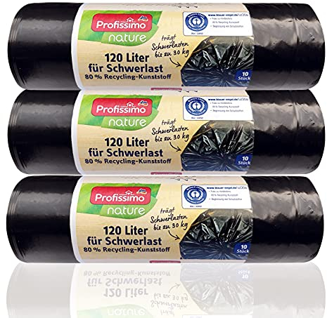 Profissimo Recycling Schwerlast-Abfallsäcke - Extrem Reißfest & Füssigkeitsdicht 120 Liter - 30 Stück - 3er Pack (3 x 10 Stück) - Für Haushalt, Büro und Garten - Blauer Engel Zertifikat