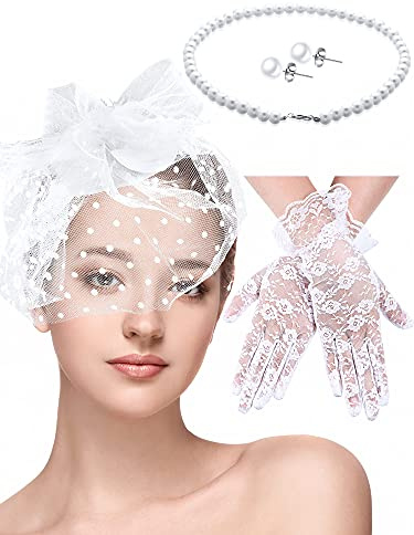 Honoson 4 Pcs Fascinators Hats Set for Women Tea Party Accessory Headpiece Veil Lace Glove Pearl Set, Wedding Halloween Xmas(White)