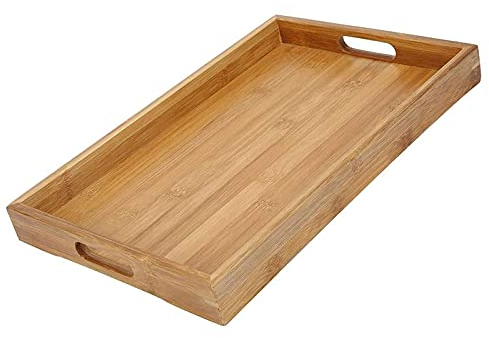 Bandeja de Servicio de Mader, Bandejas de Bambu para Servir, Bandeja Rectangular con Asas, Bandeja Servir Cafe, Bandeja de Te Madera, para Bocadillos, Pan, Fruta, Café, Leche(38 x 25 x 4 cm)
