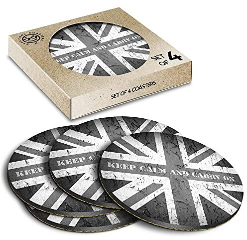 4 x Eco Boxed Cork Coasters - BW - Keep Calm Carry On Britain Drink Cup Mug Glass Table Mat #36448