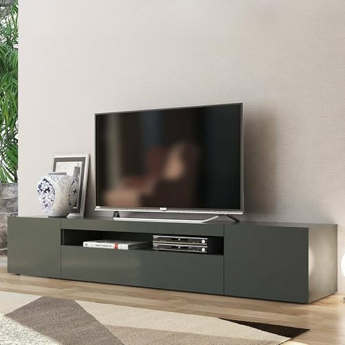 Dmora - Meuble TV Jesse, Buffet bas de salon avec 3 portes, Base pour meuble TV, 100% Made in Italy, 200x40h37 cm, Anthracite Brillant