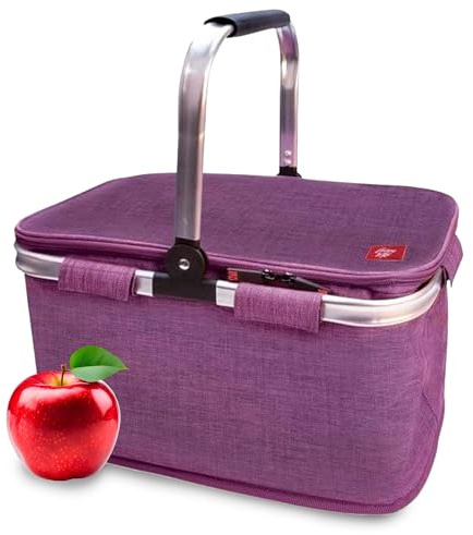 Cesta Picnic 20L - Cesta Plegable Termica con Marco de Aluminio, Cesta Bolsa Termica Mantiene el Frio 12h, Nevera Portatil con Cremallera Evita Fugas, Libre de BPA para Picnic, Camping, Lila Jaspeado