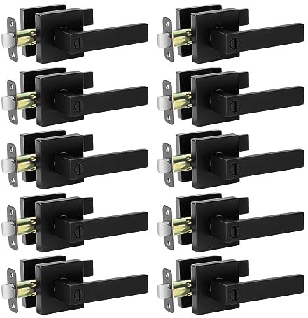 AIKKIL 10 Pack Black Door Handle Interior Privacy Door Levers Set, Keyless Square Door Knob Lock for Bedroom or Bathroom, Heavy Duty Door Handles with Reversible Handle for Left Right Sided Doors