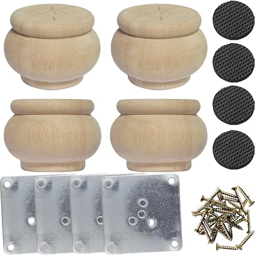 Btibpse 2 Inch Wooden Furniture Legs, Solid Wood Unpainted Replacement Furniture Legs, Cabinet Legs/Desk/Sofa/Bookcase Bun Feet, DIY Wooden Round Legs with Mounting Plate & Screws Set of 4 (2 Inch)
