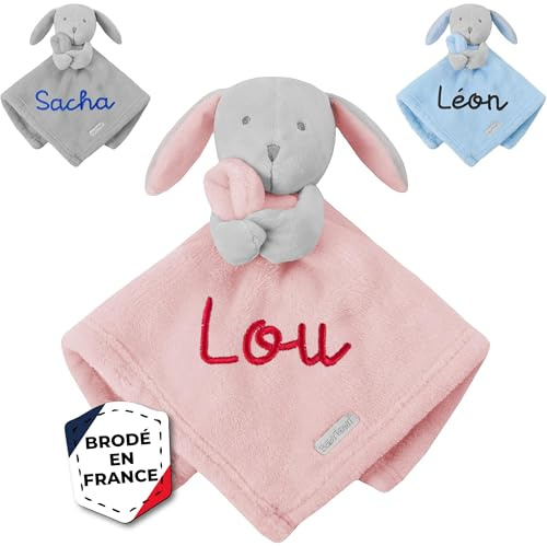 KDO MAGIC Doudou personnalisé avec prénom - Peluche Lapin Fille, garçon Personnalisable - Cadeau de Naissance, Anniversaire, baptême, bébé, Enfant (Rose)