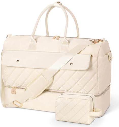 Wedama Travel Duffel Bag, Large Weekender Bag for Women with Shoe Compartment, Carry on Overnight Bag with Toiletry Makeup Bag, Gym Duffel Bag Travel Tote Bag for Travel Gym Camping Hospital, Beige