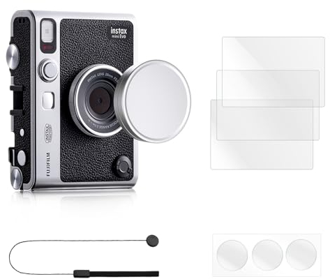 Rieibi Objektivdeckel und Displayschutz für Fuji Instax Mini EVO, Zubehör für Fujifilm Instax Mini Evo Objektivdeckel mit Anti-Verlust-Schnur & LCD-Displayschutz + Objektiv-PET-Folie
