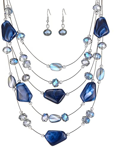 FULU AUTUMN Chunky Statement Kette Damen Mehrreihige Perlenkette und Ohrringe Modeschmuck Set für Frauen Mama Frau Oma Muttertags Geschenk(3-Blue)