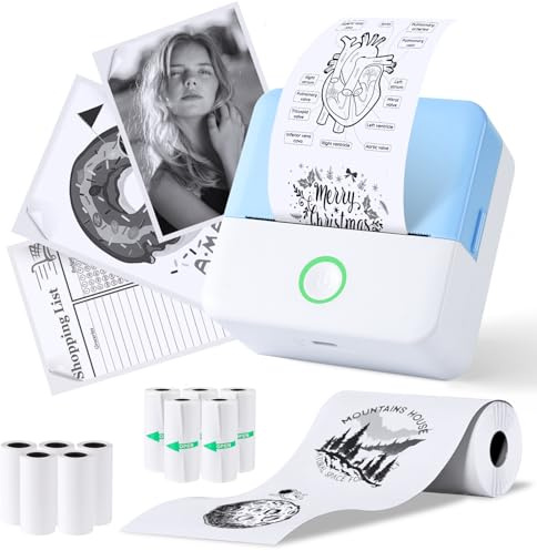 PRAOAHEI Mini Drucker, Tragbarer Fotodrucker mit 10 Rollen Druckerpapier, Bluetooth-Etikettendrucker, Thermodrucker für Notizen, Fotos, Tagebücher, Heimwerken, kompatibel mit iOS und Android (Blau)